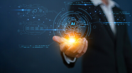 Businessman uses AI technology and smart robot AI, artificial intelligence to generate information something and connect with global, Futuristic technology transformation data, Chat with AI