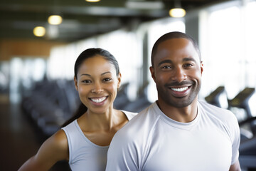 African American fitness man and woman standing in gym club. Personal trainer. healthy lifestyle