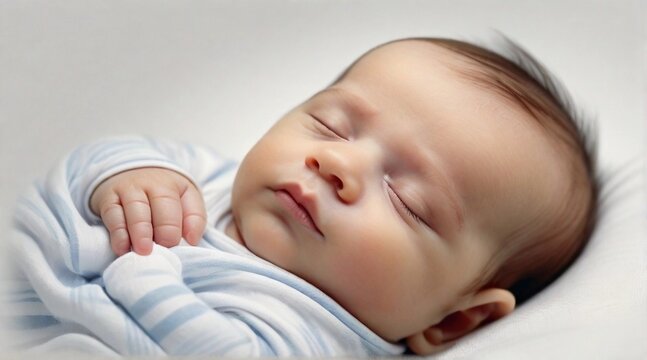 Portrait of a baby boy sleeps tight against white background with space for text, generative AI, background image