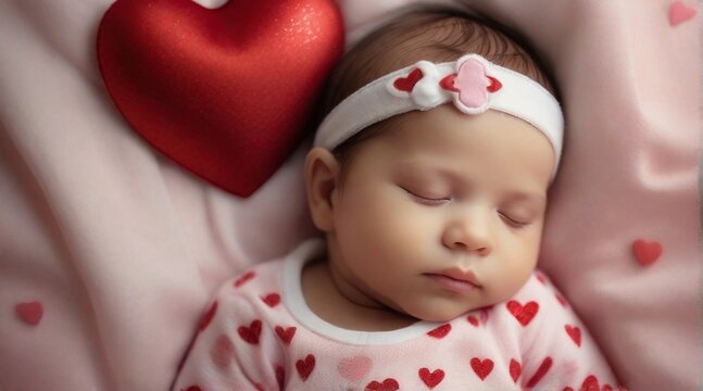 Portrait of a baby girl sleeps tight against Valentine's Day feel background with space for text, generative AI, background image