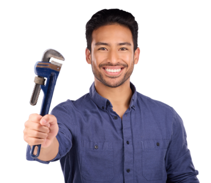 Portrait, wrench or handyman with smile, tools and promotion isolated on transparent background. Face, person or model with equipment, repair or maintenance with png, spanner or engineer with plumber