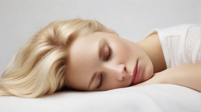 Portrait of a blonde hair white female sleeps tight against white background with space for text, generative AI, background image