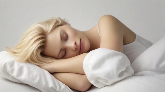 Portrait of a blonde hair white female sleeps tight against white background with space for text, generative AI, background image