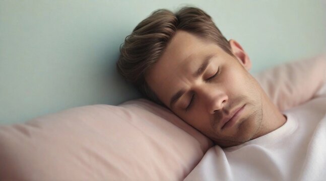 Portrait of male sleeps tight against pastel background with space for text, generative AI, background image