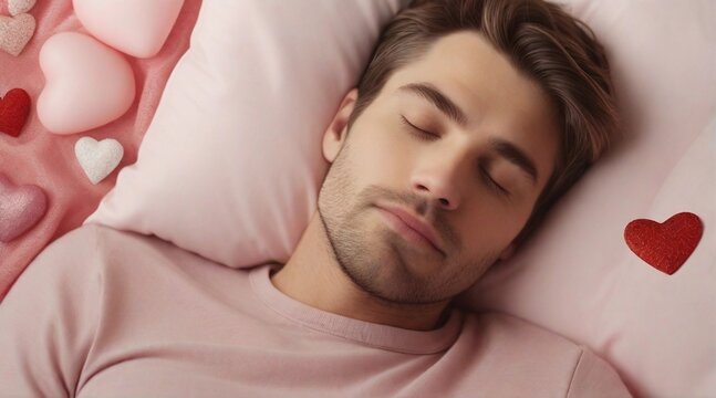 Portrait of male sleeps tight against Valentine's Day feel background with space for text, generative AI, background image