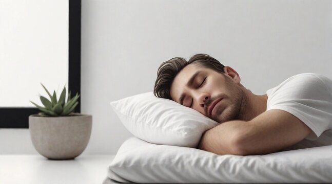 Portrait of male sleeps tight against white background with space for text, generative AI, background image