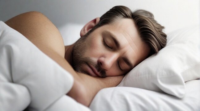 Portrait of male sleeps tight against white background with space for text, generative AI, background image