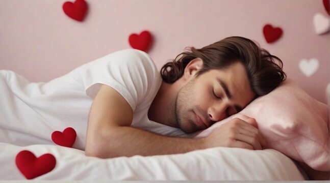 Portrait of male sleeps tight against Valentine's Day feel background with space for text, generative AI, background image
