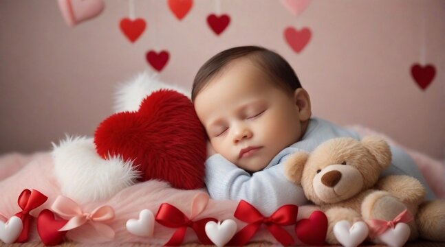 Portrait of a baby boy sleeps tight against Valentine's Day feel background with space for text, generative AI, background image