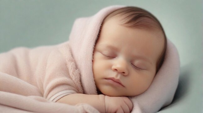 Portrait of a baby boy sleeps tight against pastel background with space for text, generative AI, background image