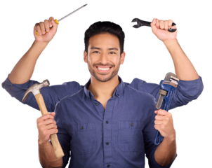 Portrait of handyman, builder tools and hands, engineering or man multitask construction work. Happy person, many equipment and repairman, contractor and arms isolated on a transparent png background