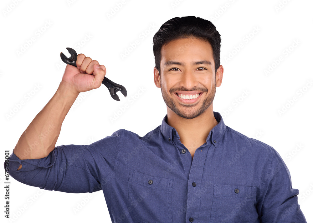 Poster portrait, man with wrench and smile isolated on transparent png background in repair solution, maint