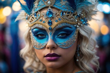 Fototapeta na wymiar Carnival Masquerade portrait, Enigmatic beauty in a blue feathered masquerade mask. Woman in mask during Carnival party parade