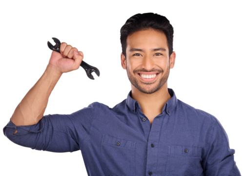Portrait, man with wrench and smile isolated on transparent png background in repair solution, maintenance or problem solving. Professional worker, person or happy plumber with mechanic tools in hand