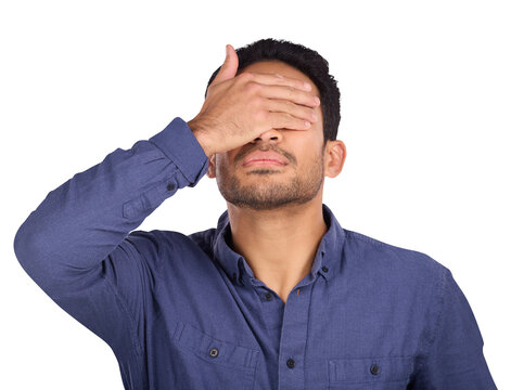 Business man, cover face and hand for stress, tired or sad for career fail, mistake or stock market crash. Worker or trader with facepalm emoji, wrong trading or regret on transparent png background