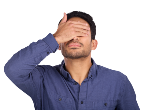 Business man, cover face and hand for stress, tired or sad for career fail, mistake or stock market crash. Worker or trader with facepalm emoji, wrong trading or regret on transparent png background