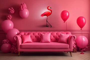 Pink flamingo themed room with furniture. Cozy pink couch in rose-hued party living room. Generate ai