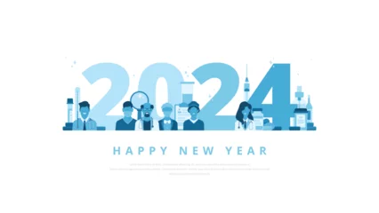 Fotobehang Happy new year 2024 greeting concept with medical professionals such as doctors, nurses and medical assistants. Suitable for hospitals, clinics or any other healthcare and pharmaceutical company © Rajitha2t