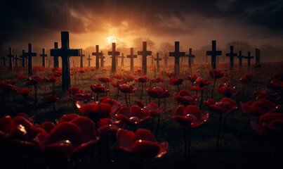 Soldiers graves marked with crosses stand in a poppy field. Remembrance day background - obrazy, fototapety, plakaty