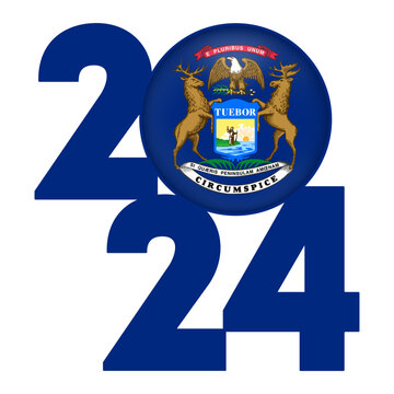2024 banner with Michigan state flag inside. Vector illustration.