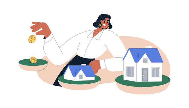 Investing in real estate. Property investment, business concept. Investor, finance expert buying and building houses. Home, apartments owner. Flat vector illustration isolated on white background