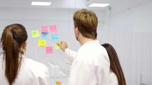 Back view of scientists sticking adhesive notes on a pane wall. Brainstorming and teamwork concept.