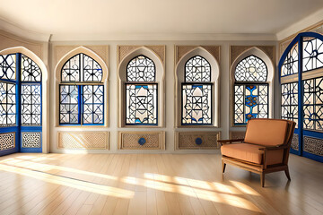 Arabic, Islamic style interior. Rattan chair, table and arabic pattern in window with shadow. pastel color wall
