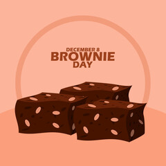 Several pieces of chocolate brownies with almond topping, with bold text on light brown background to celebrate National Brownie Day on December 8th