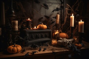 Dark and eerie Halloween scene with tomb, pumpkin, bats, and candles. Generative AI