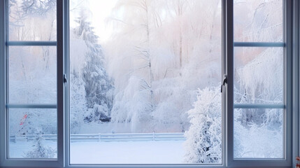 窓から見た雪景色、白銀の冬の風景