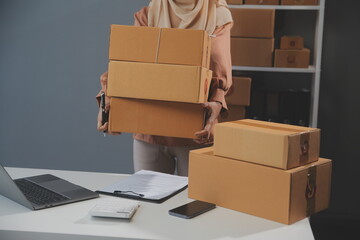 Starting small businesses SME owners female entrepreneurs Write the address on receipt box and...