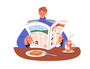Happy man reading latest news in newspaper in morning. Person reader holding paper in hands, eating breakfast. Daily mass media, press concept. Flat vector illustration isolated on white background