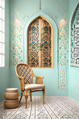 Arabic, Islamic style interior. Rattan chair, table and arabic pattern in window with shadow. pastel color wall