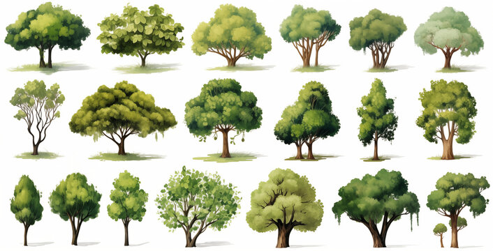 Collection tree in watercolor isolated on white background. Cartoon style plant illustration