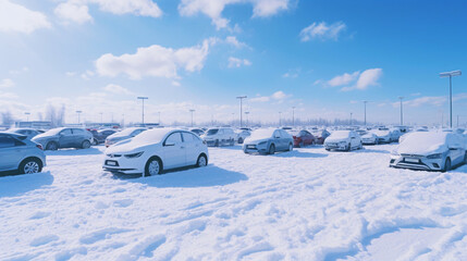 車に積もった雪、駐車場、冬の風景