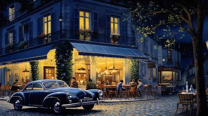 Fototapeten Street of Europe at the beginning of the 20th century. Street cafe, terrace in summer. Oil paint effect. © Татьяна Оракова