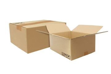 Open and closed cardboard boxes on transparent background png