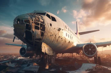 Foto op Plexiglas Oud vliegtuig Ruined old airplane. Abandoned travel plane broken aviation. Generate Ai