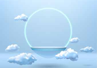 a circular platforms float on  bright blue background and clouds float. Modern product display backgrounds to promote your luxury products.
