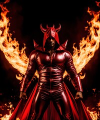 Sexy devil man in red costume with horns on the background of fire