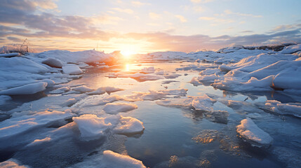 冬の風景、凍った水と太陽の雪景色 - obrazy, fototapety, plakaty
