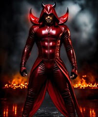 a female devil in a red suit with horns