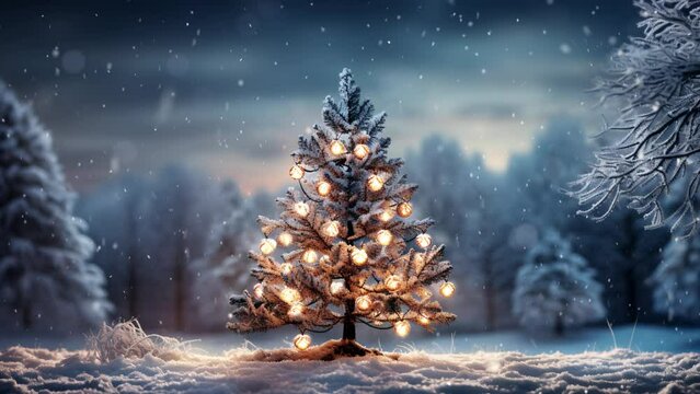 Christmas tree in the winter forest. Beautiful winter landscape with Christmas tree. Christmas scene with copy space. Snowfall. Loop