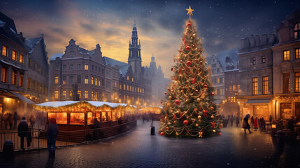 Weihnachtsbaum in gemütlicher Altstadt - obrazy, fototapety, plakaty