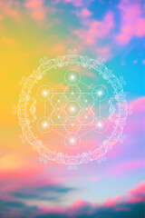 Sacred geometry zentangle inspired design template with oriental tribal ornaments. Merkaba ornamental new age art.  Meditation symbol in front of natural background.