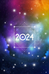 Astrological New Year 2024 Greeting Card or Calendar Cover on Cosmic Background. Sacred Geometry Christmas Vector Design with Space Backdrop.