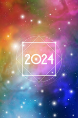 Astrological New Year 2024 Greeting Card or Calendar Cover on Cosmic Background. Sacred Geometry Christmas Vector Design with Space Backdrop.