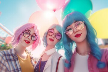 Young happy women with colorful hair decoration. Street vibrant girl teenagers. Generate ai