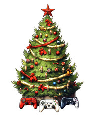 sapin de Noël décoré sur le thème des jeux vidéos - fond transparent