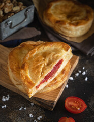 Rustico puff pastry from Lecce filled with stuffed with tomato, mozzarella and bechamel sauce